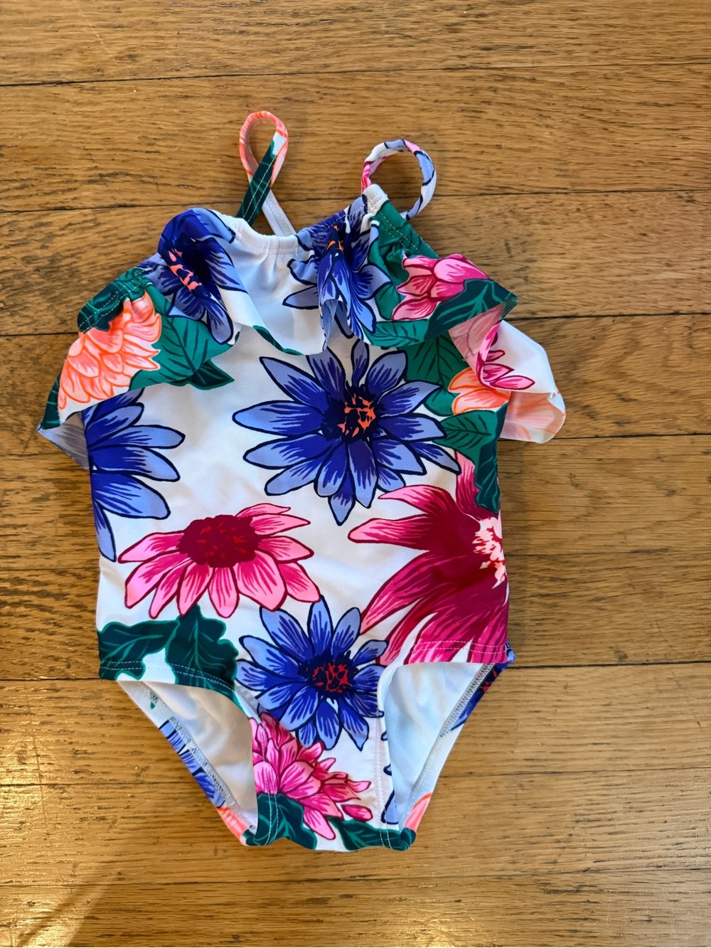 Girls Floral One-Piece Swimsuit in White with Pink & Blue Flowers